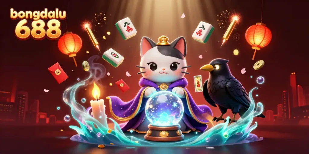 Experience bongdalu 688 with an engaging 3D illustration depicting a fortune teller cat and interactive casino elements.