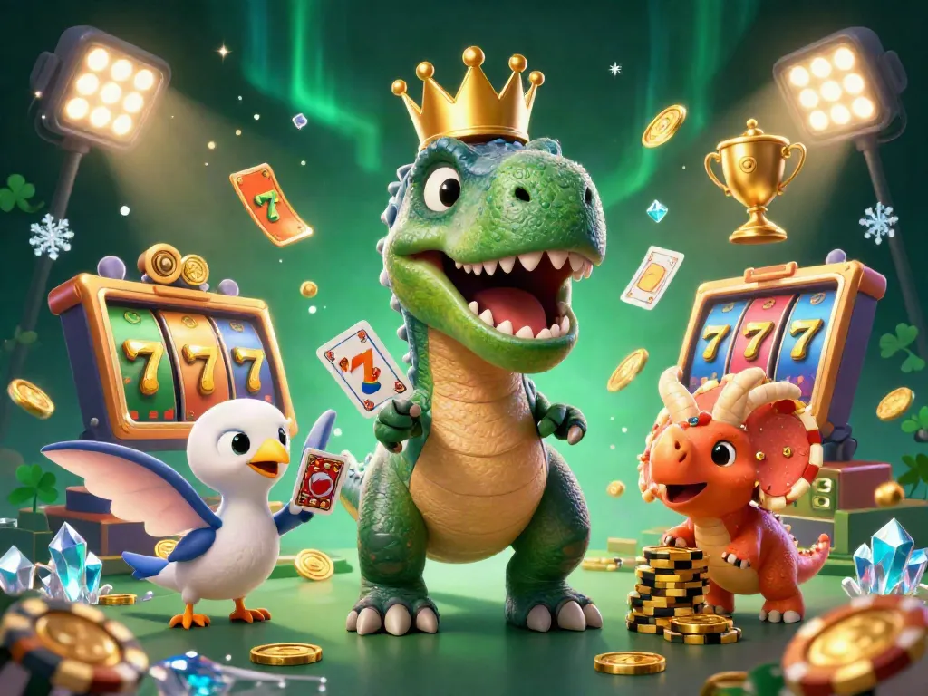 Experience the thrill of sunwin đổi thưởng 2026, featuring a T-Rex and friends in a vibrant casino scene.
