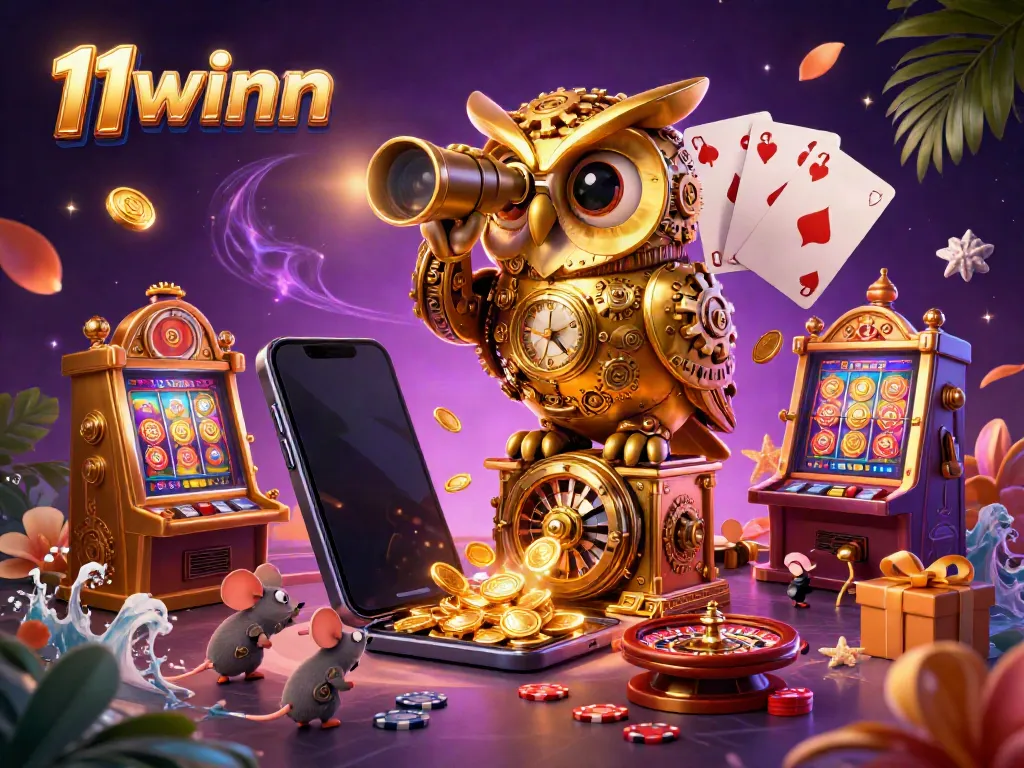 Experience thrilling slots at 11winn with a dynamic 3D scene featuring a golden owl and playful mice on a vibrant casino floor.