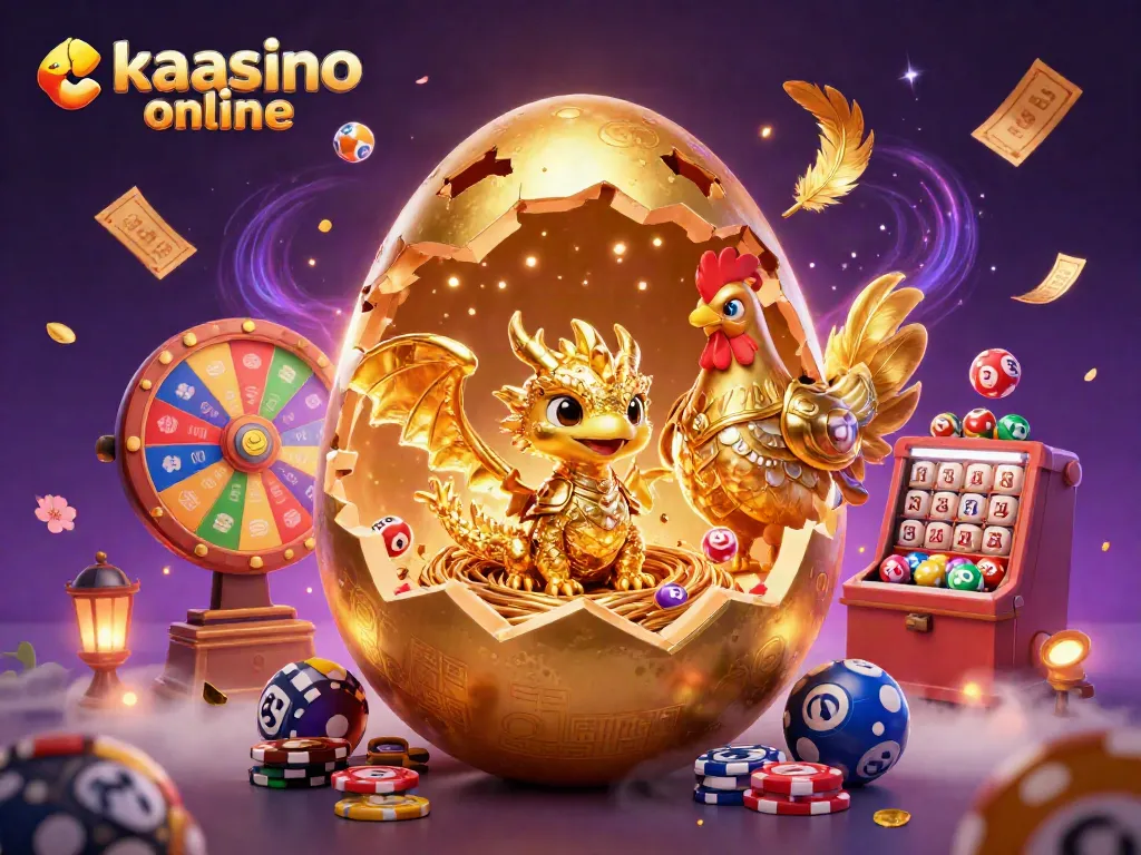 Engage with kaasino online through a vibrant illustration of gaming, featuring a golden baby dragon and casino elements.