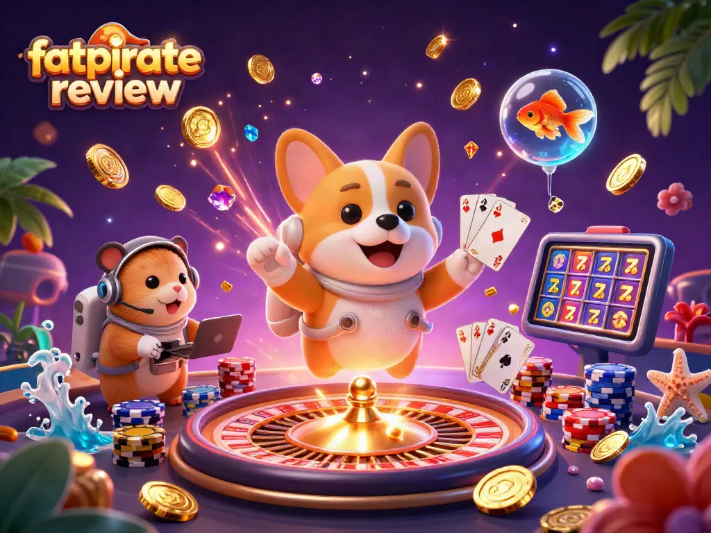 Experience the thrilling fatpirate review as a cartoon corgi floats in a bustling space casino.