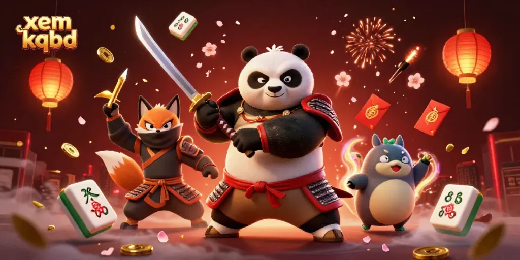 Engage with xem kqbd's captivating online results through an illustrated scene of a fierce samurai panda and ninja fox.