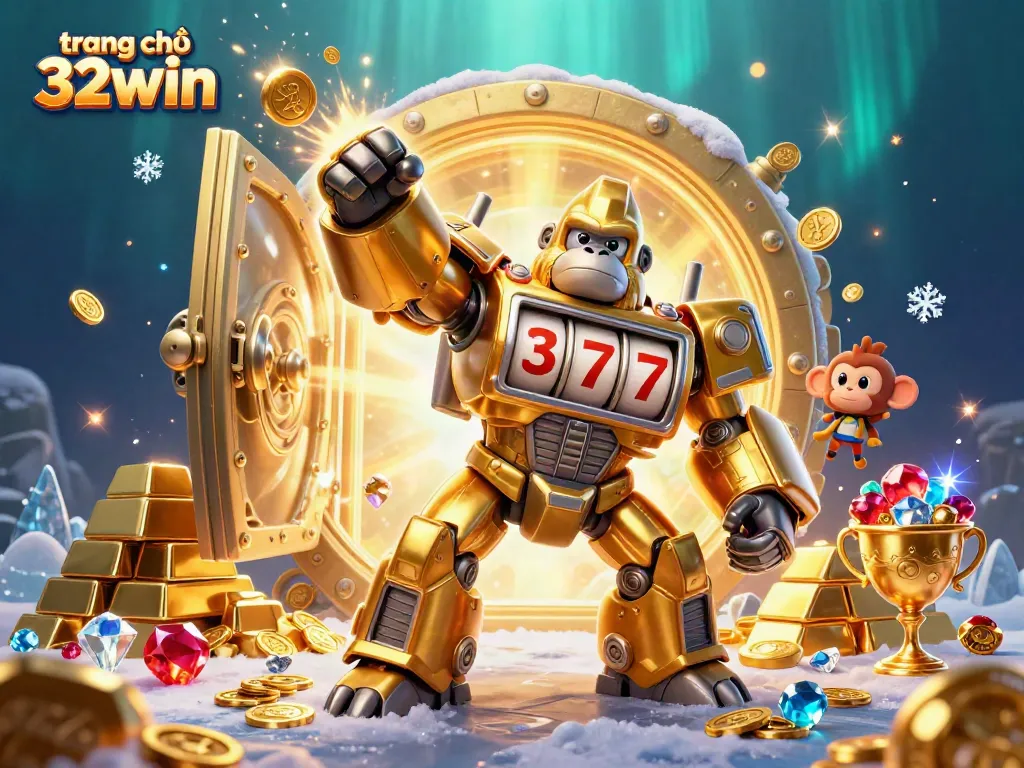 Engage in vibrant gaming action with the dynamic 3D golden gorilla mech, representing trang chủ 32win.