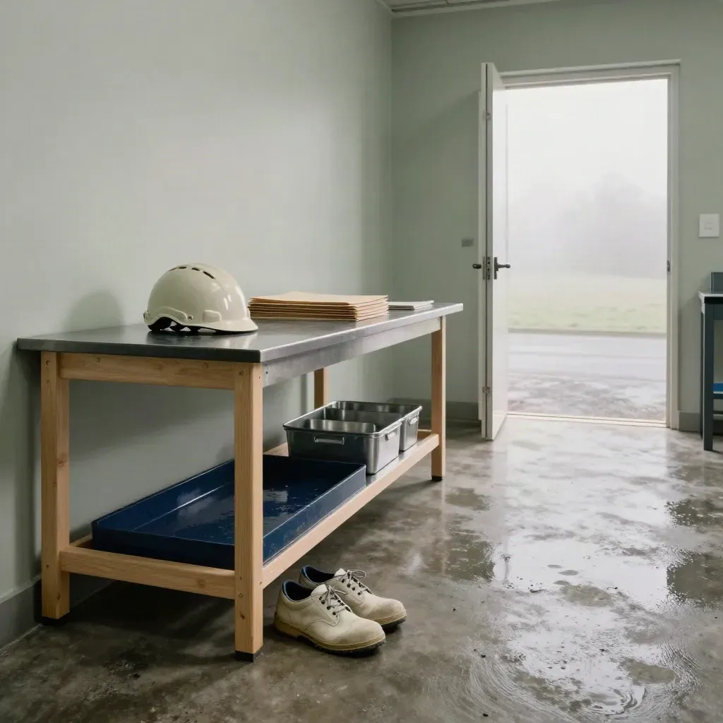 Mbo-praktijkruimte met werkbank, veiligheidsschoenen, helm en gereedschapsbakken na regen.