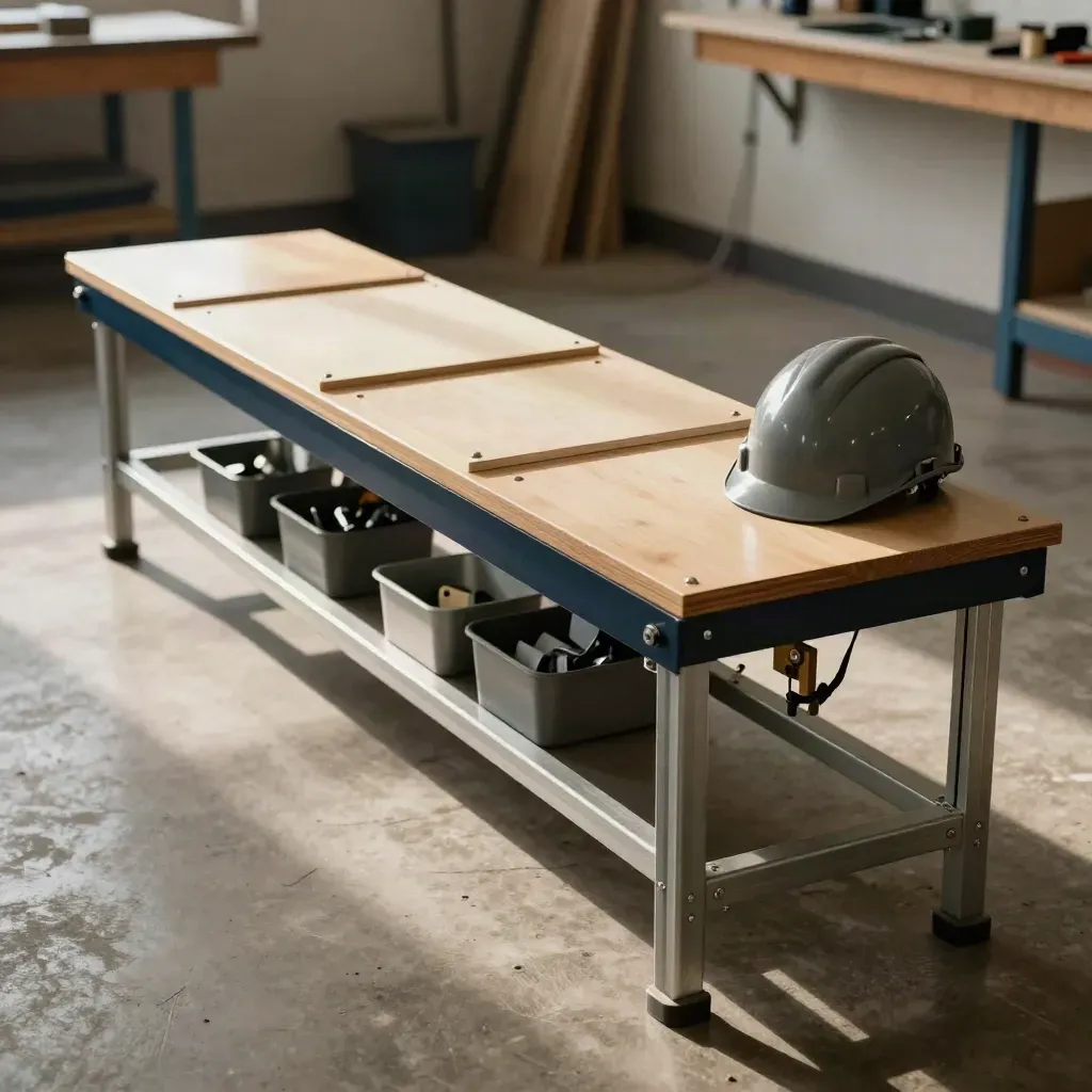 Werkplaats met leerwerktraject-opstelling, helm, modules en onderdelen op een werkbank.