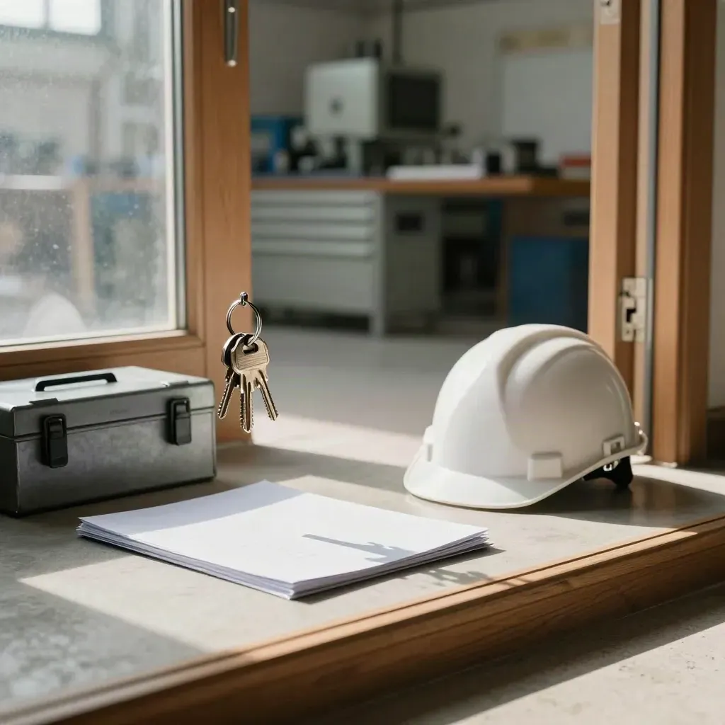 Werkplaatsingang met sleutels, veiligheidshelm, map en open deur naar productie