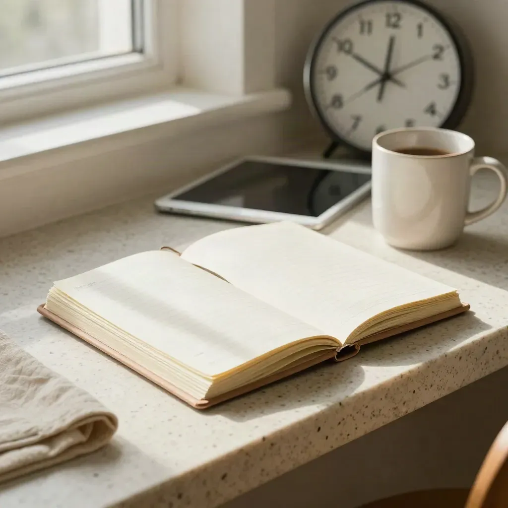 Rustige coachinghoek met planner, tablet, mok en klok in warm licht