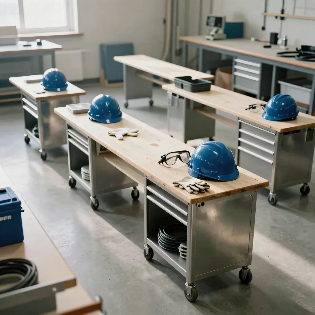Lege leerwerkplaats met werkstations, veiligheidssets en ochtendlicht voor ROC-studenten.