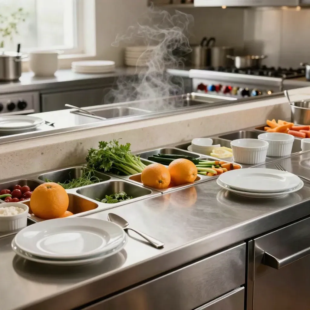 Horecakeuken met mise-en-place, serveerplaten en ingrediëntbakken, klaar voor beoordeling.