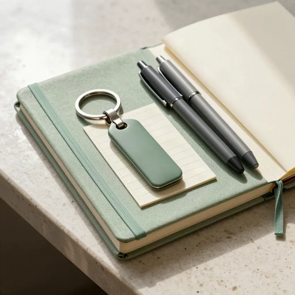 Macro van een planner, sleutelhanger, notitieblok, twee pennen en map op travertin.