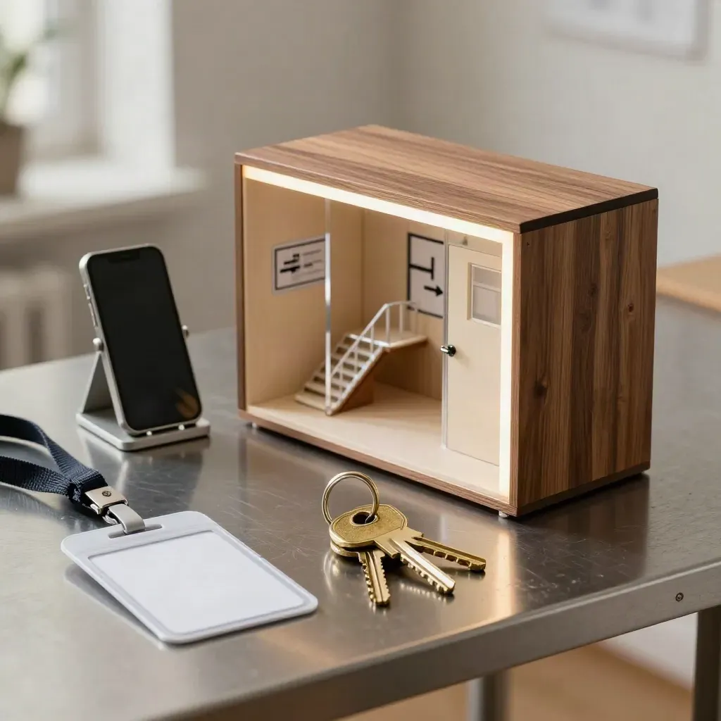 Stilleven met sleutels, veiligheidsbadge, telefoonstandaard en miniatuurwerkplek op een werkbank.