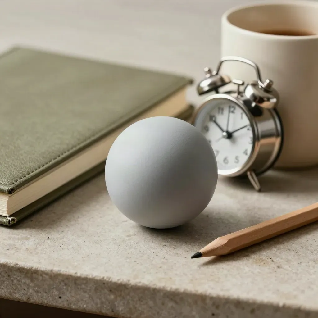 Macro van stressbal, agenda, klok, potlood en mok op een matte werktafel.