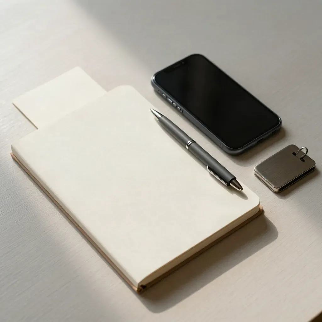 Bovenaanzicht van notitieboek, telefoon, pen en keycardhouder op licht hout.