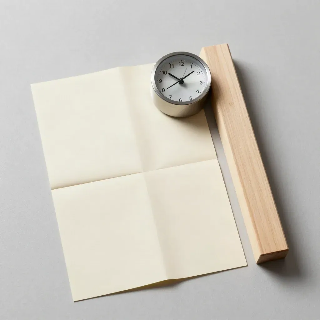 Top-down stilleven met planningkaarten, klok en houten blokje op lichtgrijze ondergrond.
