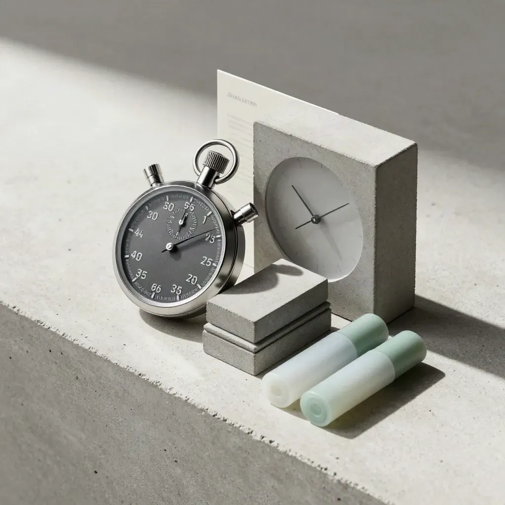 Stopwatch, blokjes, klok en markeerstiften op beton, van boven gezien, minimalistisch en strak.
