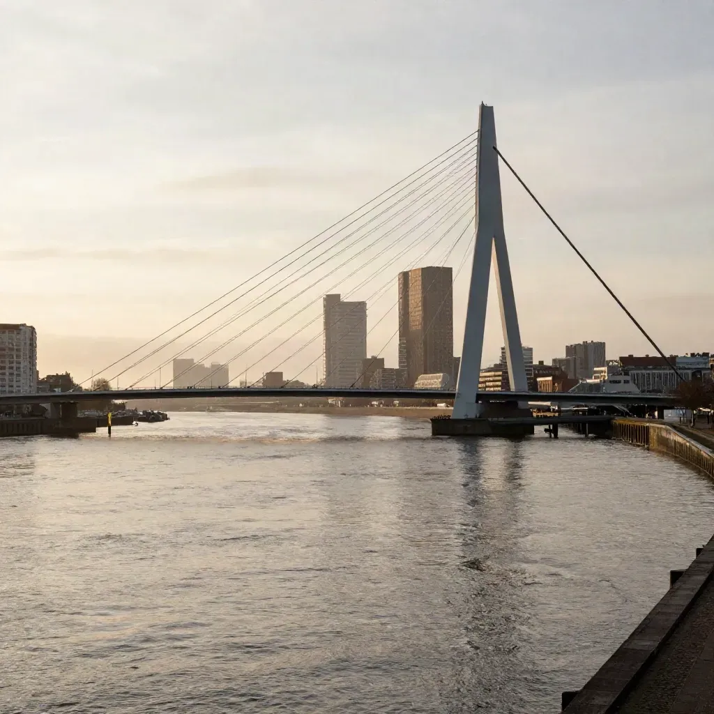 Erasmusbrug boven een rustige rivier met een mistige skyline van Rotterdam in Zuid-Holland.