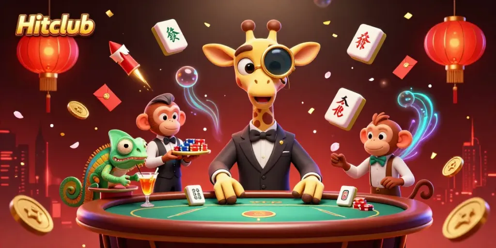 Hitclub reveals winning moments with a high-roller giraffe and merry monkey valet at a vibrant casino scene.