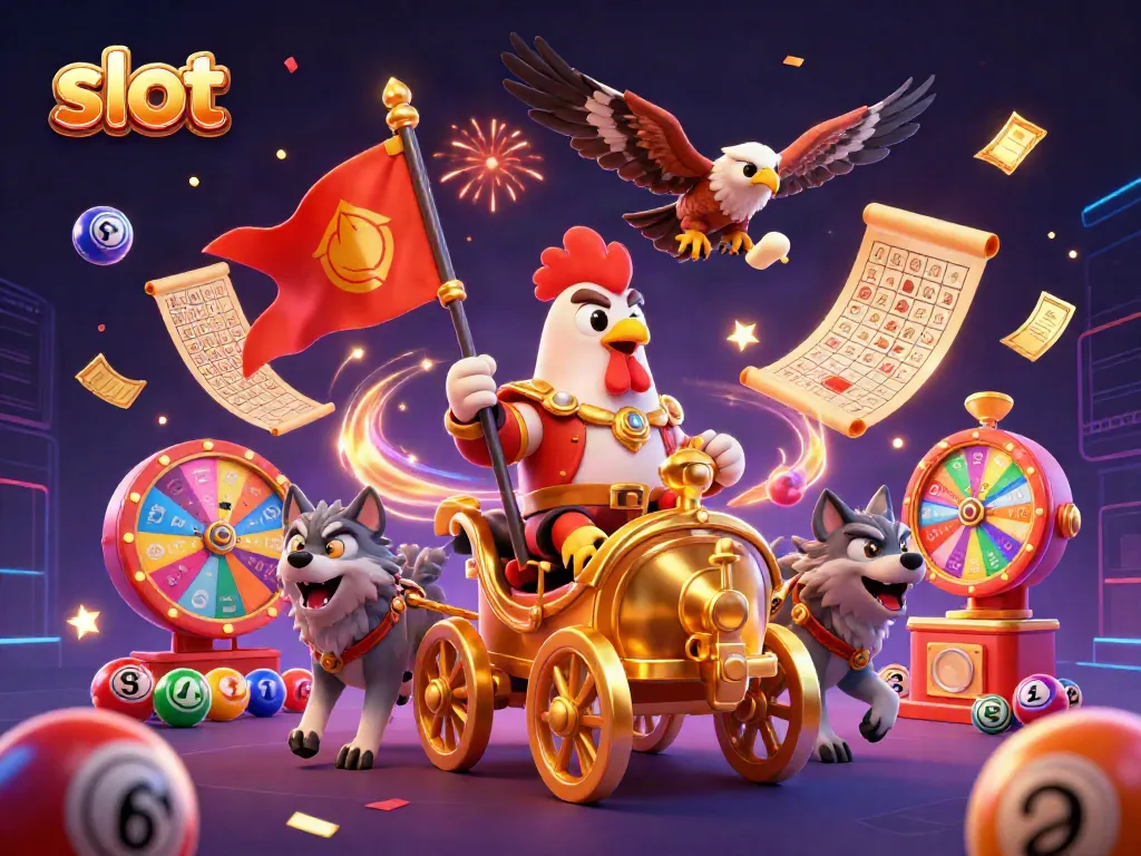 Experience the thrill of slot gameplay with a dynamic 3D scene featuring a rooster warlord and vibrant game elements.