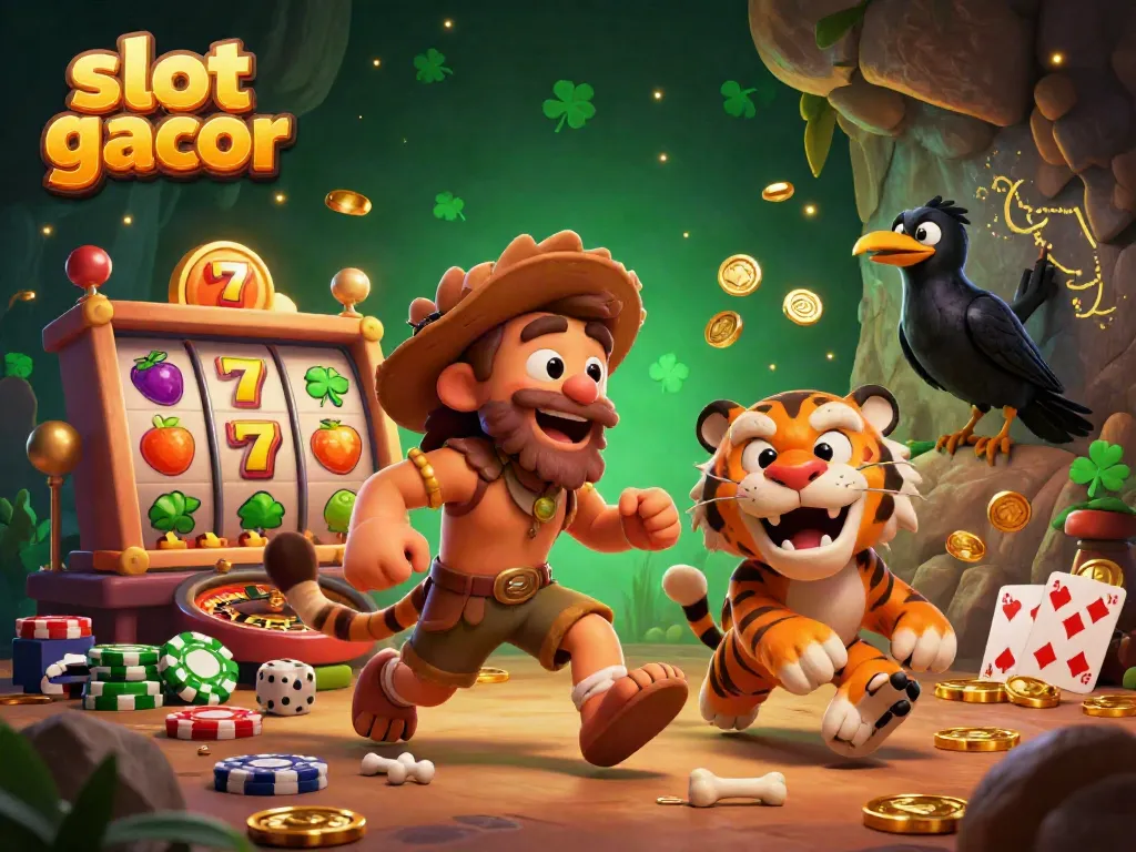 Experience the fun of slot gacor with a vibrant prehistoric casino featuring animated characters and casino elements.