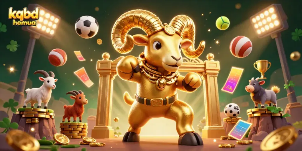 Experience thrilling dynamics of kqbd hom qua with vibrant sports elements and a golden ram charging through a grand gate.