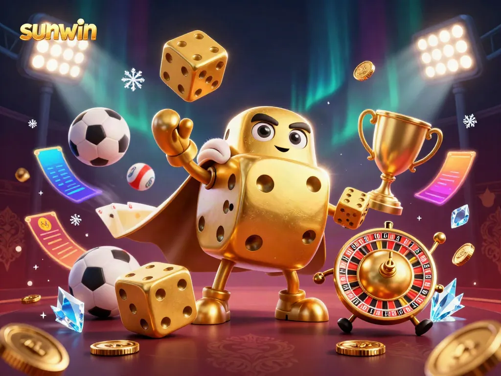 Engage in thrilling moments at sunwin with a lively scene of a golden dice golem and dynamic gaming elements.