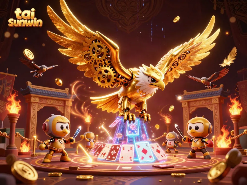 Experience the excitement of tai sunwin as a golden eagle dives through holographic cards in a vibrant casino scene.
