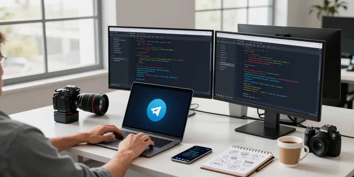 Download Telegram on multiple devices in a modern tech workspace with screens showing messaging apps and coding.